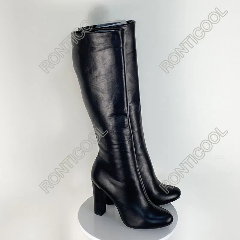 Ronticool 2021 Women Winter Knee High Boots Side Zipper Square High Heels Round Toe Elegant Black Shoes Women Plus US Size 5-15