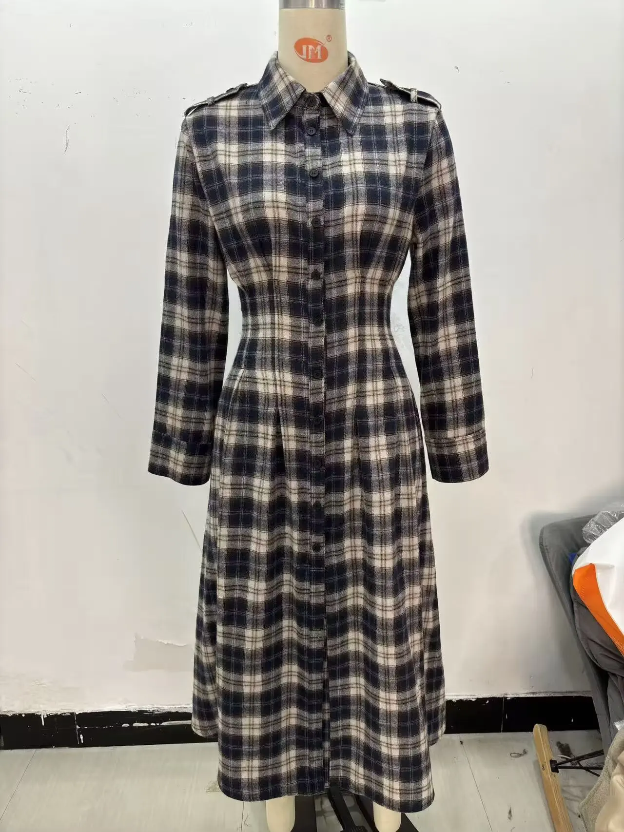 Women's Pleated Plaid Skirt Autumn Retro Casual Waist-Slimming Shirt-Style Midi Dress Lapel Long Sleeves Petticoat