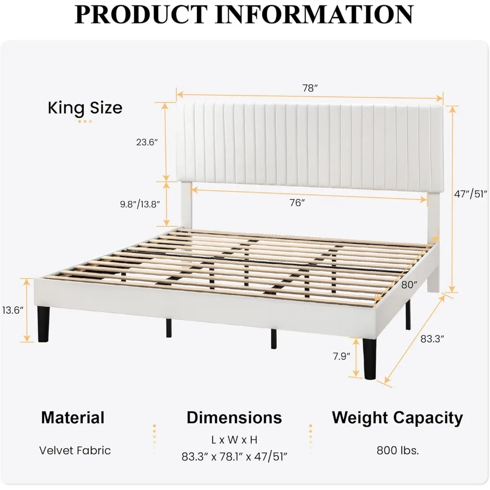 King Upholstered Platform Bed Frame with Vertical Channel Tufted Velvet Fabric Adjustable Headboard, Wooden Slats Support