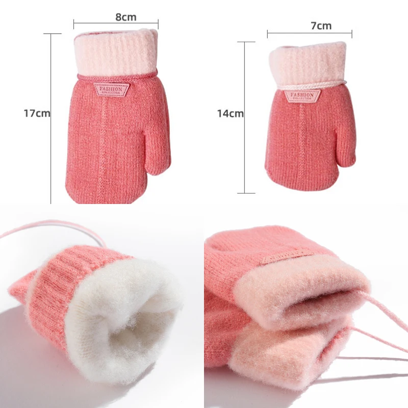 Winter Wool Baby Gloves Plush Lining Knit Kids Mittens Halter Warm Hands Children Fingerless Gloves Girls Boys Accessories 1-6Y