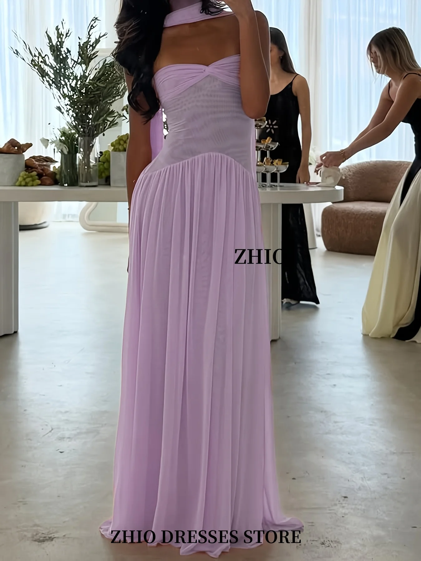 ZHIO Elegant Off-Shoulder Party Dress With Mesh Panel Twisted Tie Details Lavender Long Beach Vacation Evening Dress Customized