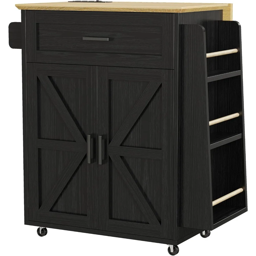 

Kitchen Island Cart with Storage, Rolling Kitchen Table with Power Outlet, Storage Cabinets on Wheels with Drop Leaf, Portable