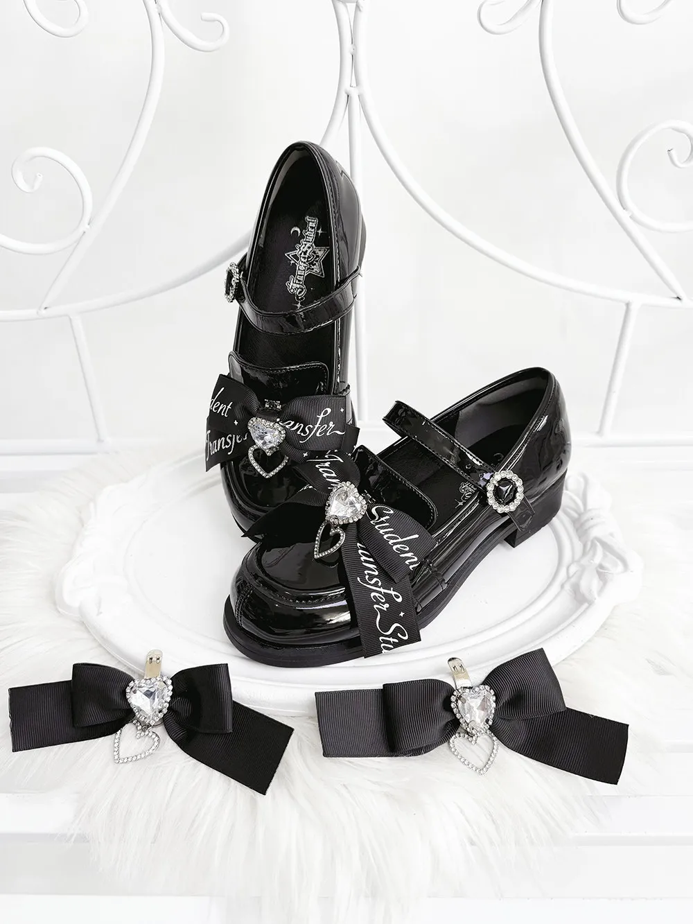 Transfer Student Sweet Lolita Mary Jane Shoes Women Patent Leather Rhinestone Bow Buckle Strap Chunky Heel Kawaii Princess Pumps
