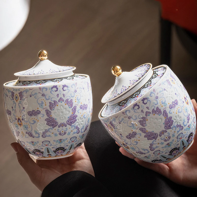 Exquisite Hollow Flower Ceramic Storage Jar with Golden Knob Cover Sealed Ceramic Storage Jar Tea Coffee Dry Goods Container