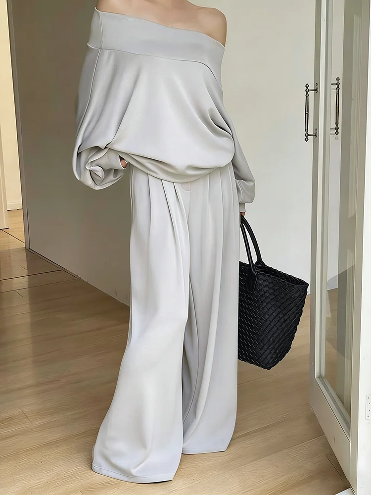 

Комплект BJTZ 2026: Женский топ с открытыми плечами и длинными рукавами, свободные брюки с широкими штанинами, повседневный комплект из двух предметов для весны и осени