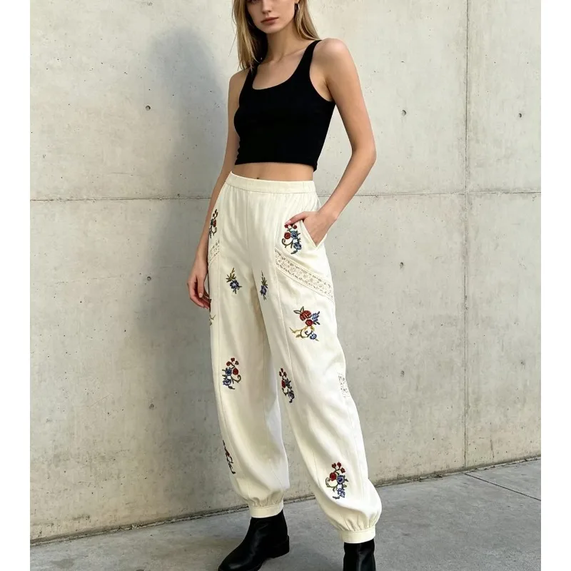 Women S 2026 Autumn New Comfortable To Wear Floral Embroidery Loose Lace Spliced Tapered Harem Pants Date Outfit