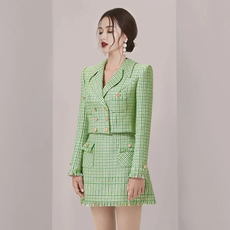 Groene Geruite Damespakken 2-delige Blazer + Rok Elegante Formele Kantoordame Zakelijke Werkkleding Mode Meisje Jas Prom Jurk