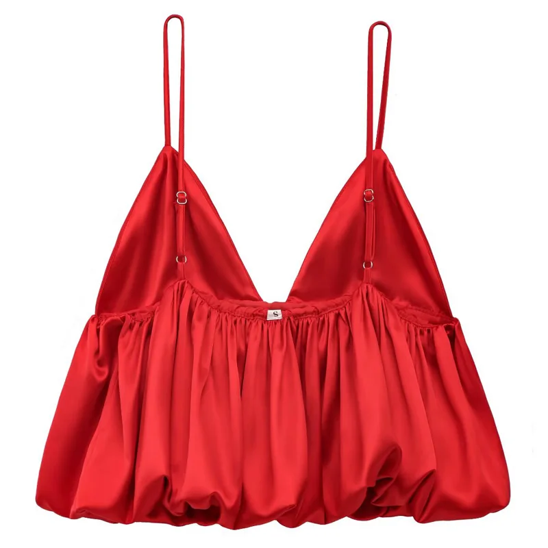 HXAO Damska Satynowa Czerwona Bluzka Letnia Sukienka na Ramiączkach i Top na Ramiączkach Sexy Krótki Top Bez Rękawów z Odkrytymi Ramionami Bufiaste Plecy Bez Pleców Top na Ramiączkach Camisole 066