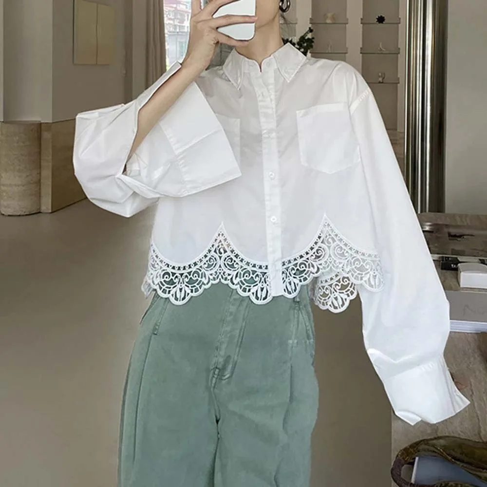 

Irregular Lace Women's Plain Lace Shirt Long Clothing Sleeves Leisure Lapel Korean Style Blouse Simple Streetwear