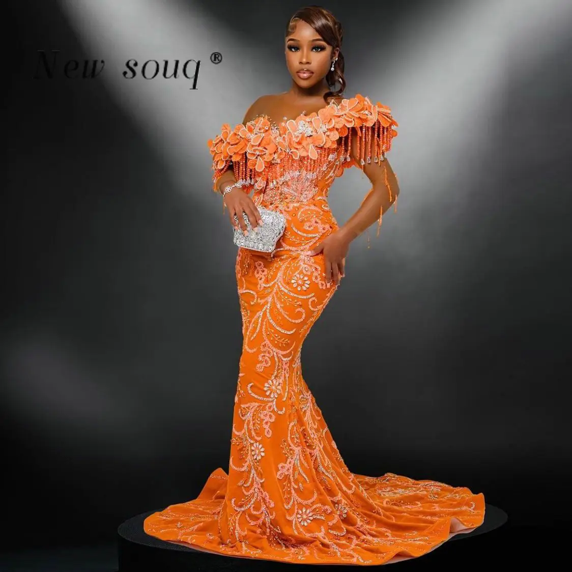 Nigerian Black Women Orange Mermaid Prom Dresses Crystals Beading Sheer Long Sleeves Asoebi Wedding Evening Party Gowns