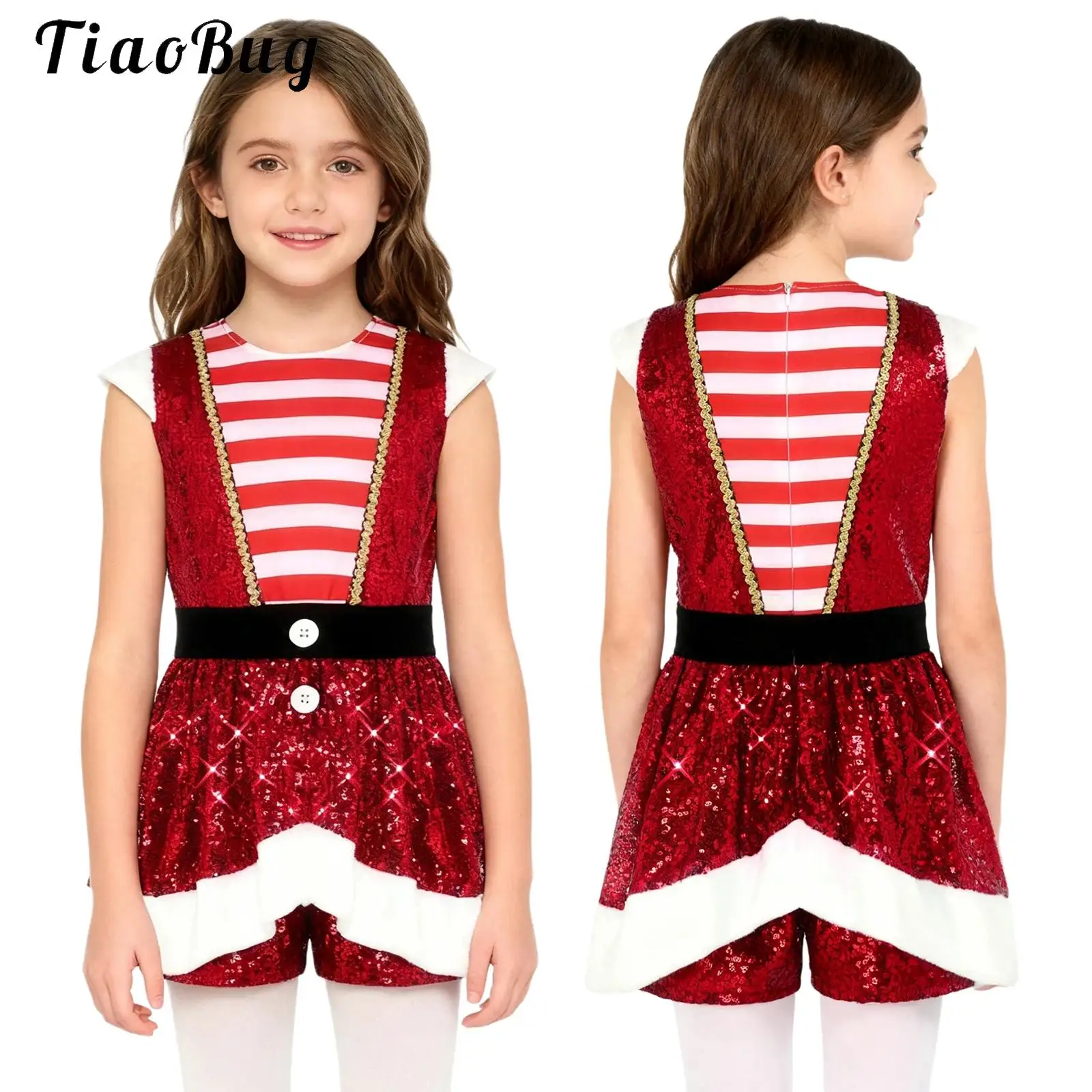 

Kids Girl Candy Cane Christmas Dance Bodysuit Jumpsuit Shorty Unitard Dress Shiny Sequin Xmas Holiday Santa Sweetie Dance Outfit