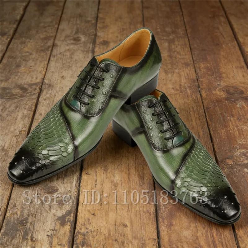Luxury Men's Green Handmade Crocodile Pattern Leather Formal Shoes, Lace-Up Business Dress Footwear for Groom Prom