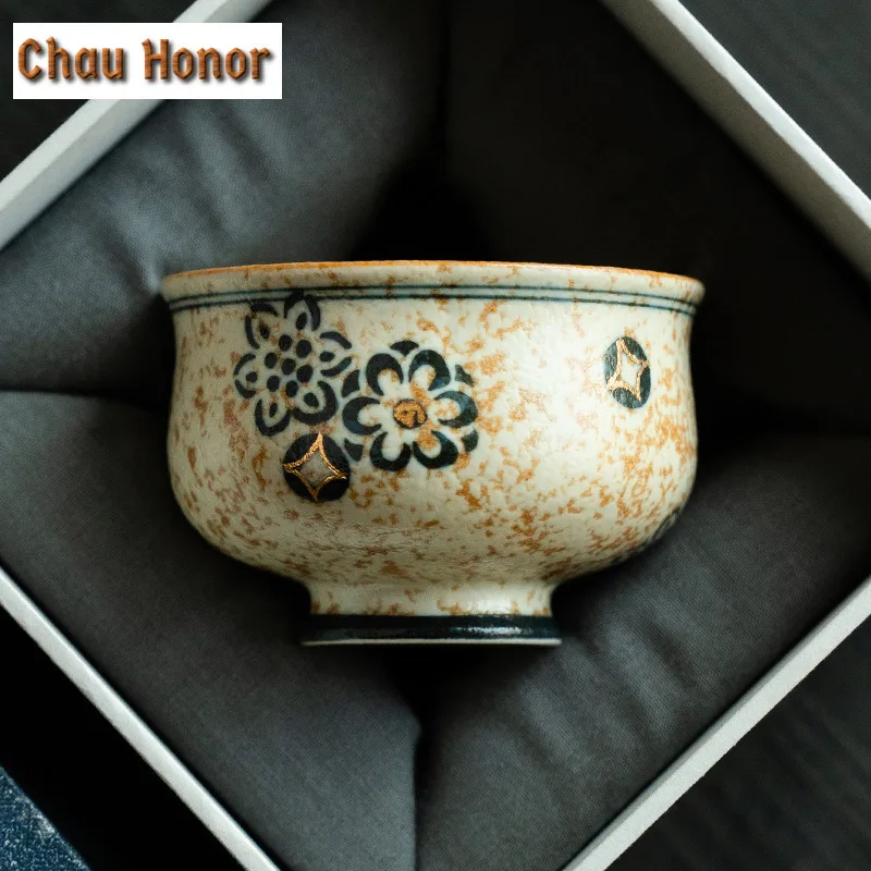 

100ml Gold Drawing Embroidered Ball Flower Teacup Blue And White Flint Red Master Cup Personal Puer Tea Bowl Meditation Cup Gift