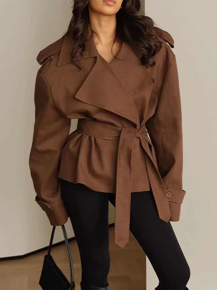 Damenmäntel mit Einfarbigem Revers und Gürtel, Kurze Trenchcoat-Jacke für den Frühling, Weiblicher Epaulet-Mantel mit Langen Ärmeln und Knöpfen, Schlanker Schnitt, Neue Damen-Oberbekleidung – Detail 18
