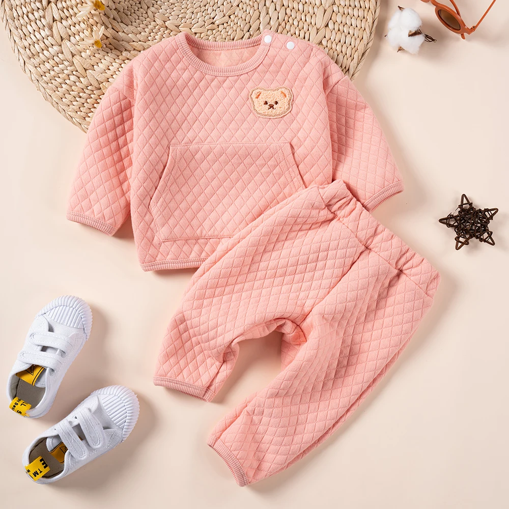 Baby Winter Warm Set, Small Bear Head Pattern Shoulder Button Round Neck Top Solid Color Skincare Pants 2PCS