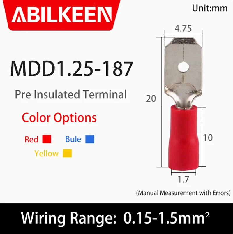 MDD1.25-187 Male Pre Insulated Cold Pressed Terminal Insulated Shovel Wire Connector Electrical Crimping Terminal