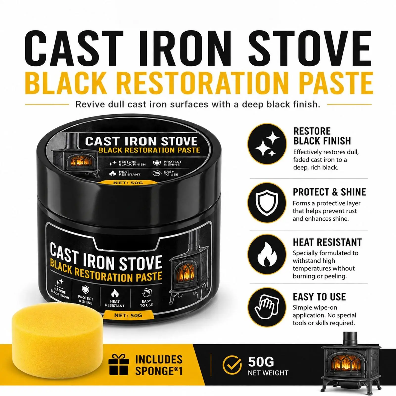 50g black Cast Iron Grate Restorer Heat-Resistant Restoration Coating Paste Stove Blacking Paste For Home Kitchen Cleaning