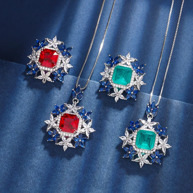 Jewelry set with copper base gold plating, featuring red corundum and emerald in a floral design, for women, 10*10