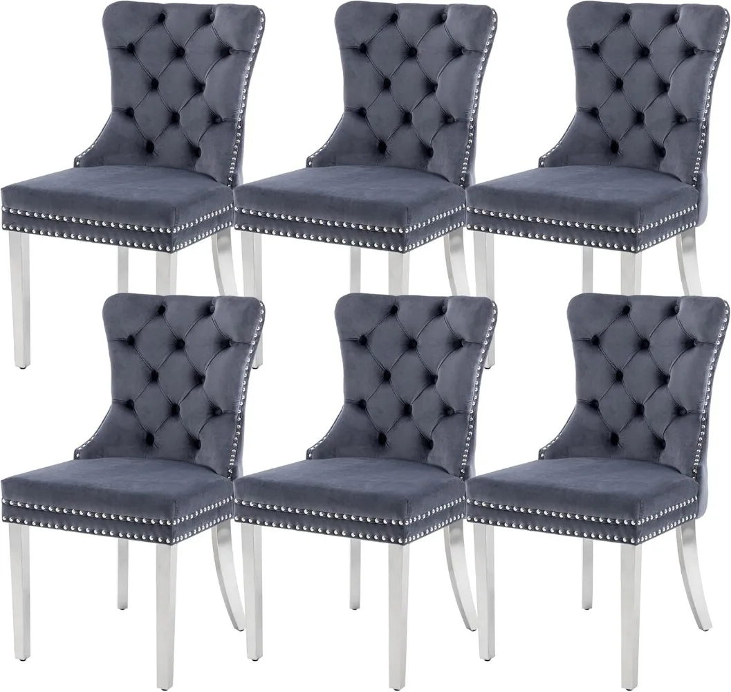 Velvet Dining Chairs Set of 6, Upholstered High-end Tufted Dining Room Chair with Nailhead Back Ring Pull Trim Stainless Steel