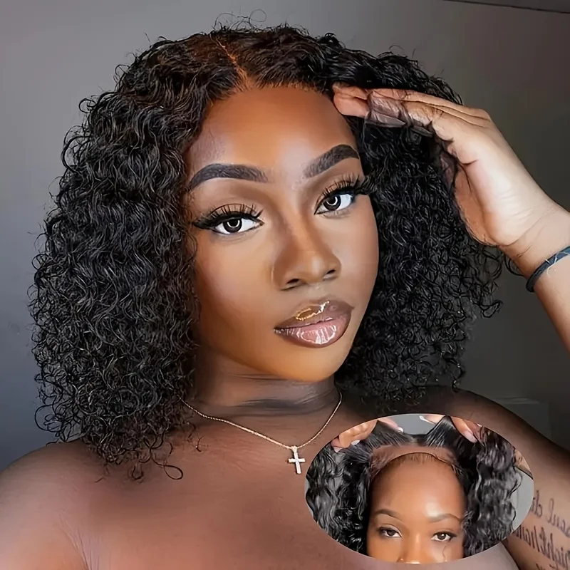 

150% Density 13x4 brown Lace Front human hair wig short kinky curly 14inch wig Women's Bob Wig Natural Black Human Hair wig