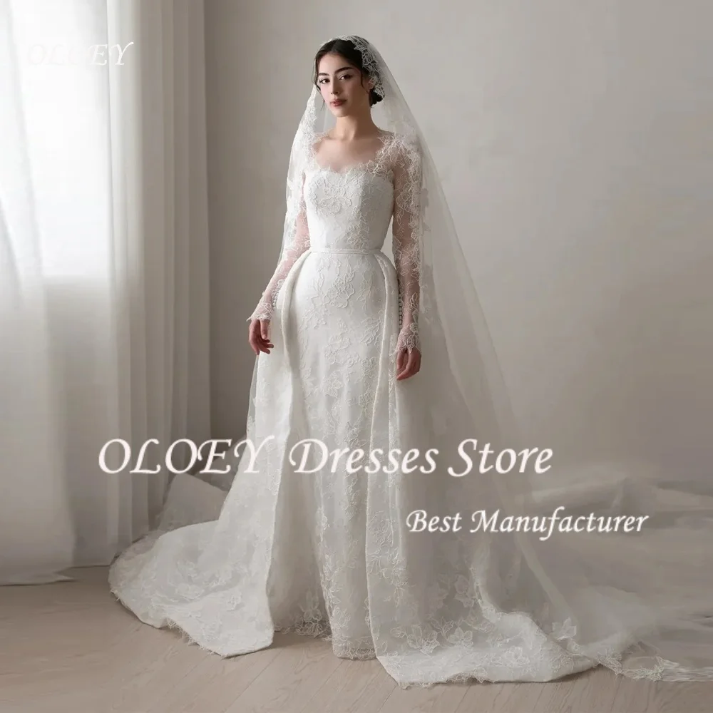 

OLOEY Ivory Lace Wedding Dress Square Collar Full Sleeve Draped A-Line Floating Sweep Train Bridal Gown Customized