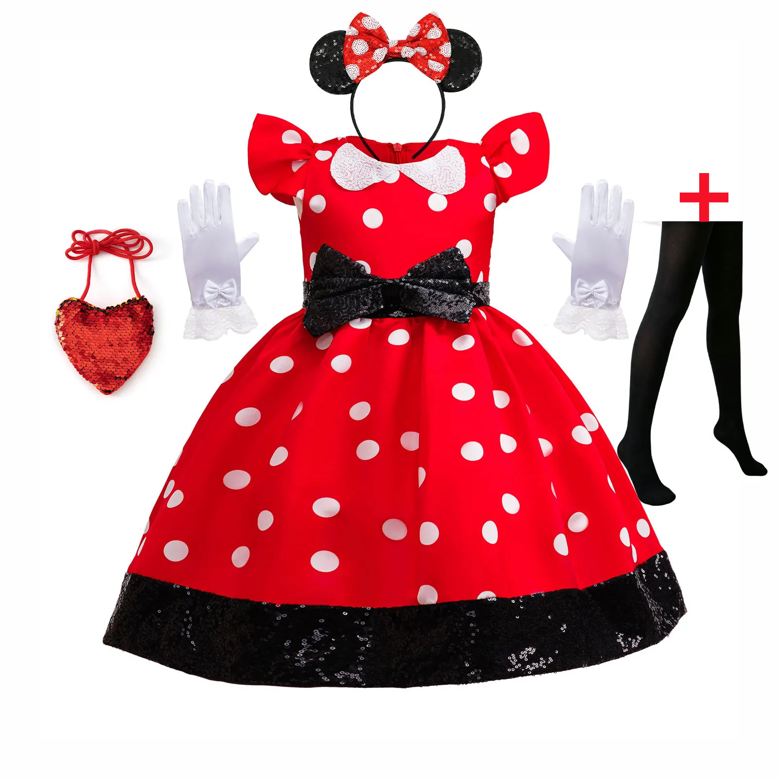 3-10Yrs Girls Red White Polka Dot Delicate Princess Dress Kid  Birthday Party Cosplay Minnie Fancy Costume With Black Sequin Bow