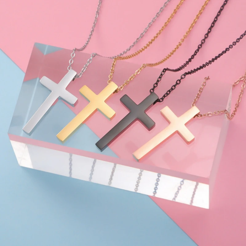 

10pcs/lot Double Sided Cross Pendant Necklace Stainless Steel Mirror Polish Long Chain Necklaces Jewelry For Women