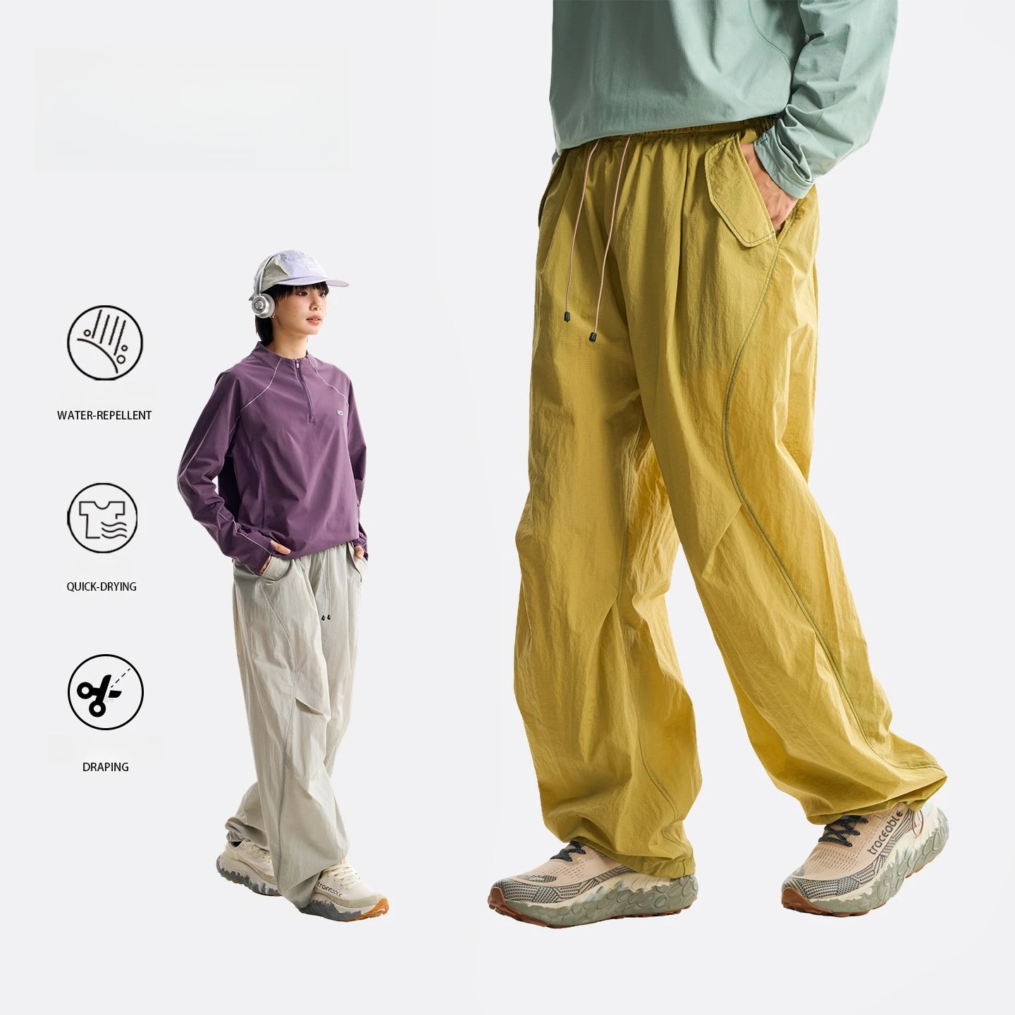 Unisex Outdoor Waterproof Cargo Pants - Quick Dry Wide Leg Techwear Trousers | Windbreaker Hiking Sweatpants with Double