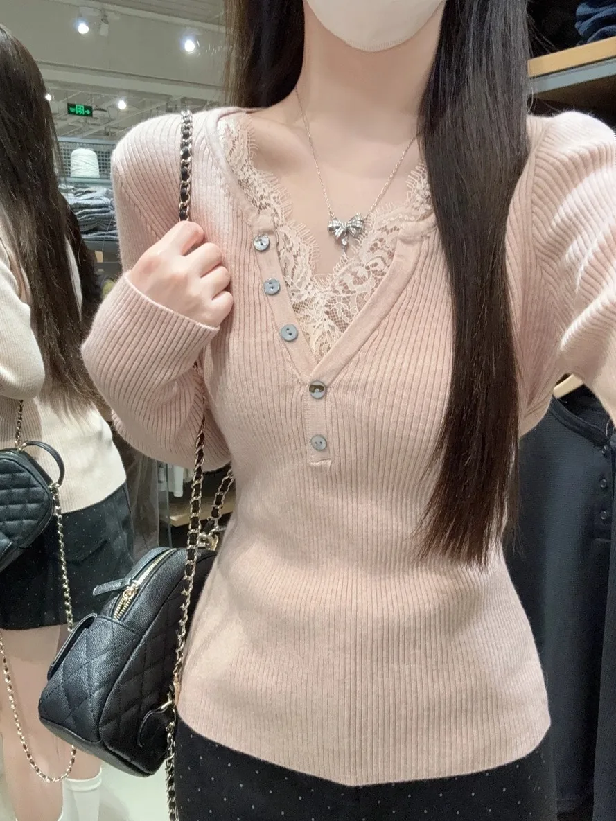 

Женская облегающая трикотажная кофта с V-образным вырезом и длинным рукавом в корейском стиле, теплая, повседневная, модная, для осени и зимы