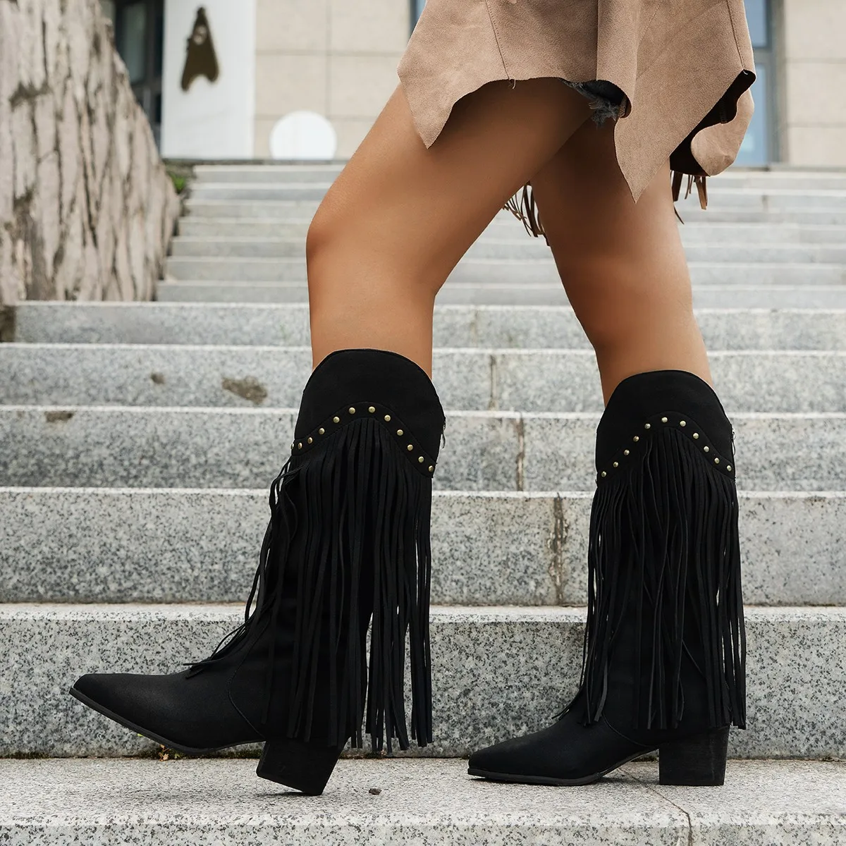 Plus Size 43 Women's Tassels Western Knee High Boots Cowboy Cowgirl Boots Chunky Heel Platform Boots Women Western Shoes view 5