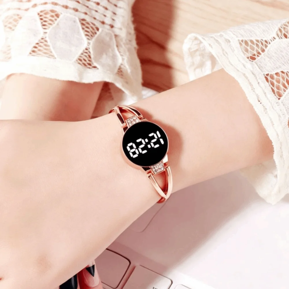 Electronic Touch Screen LED Watch Rhinestone Metal Bracelet Bangle Watch Steel Band Round Wrist Watch Girls