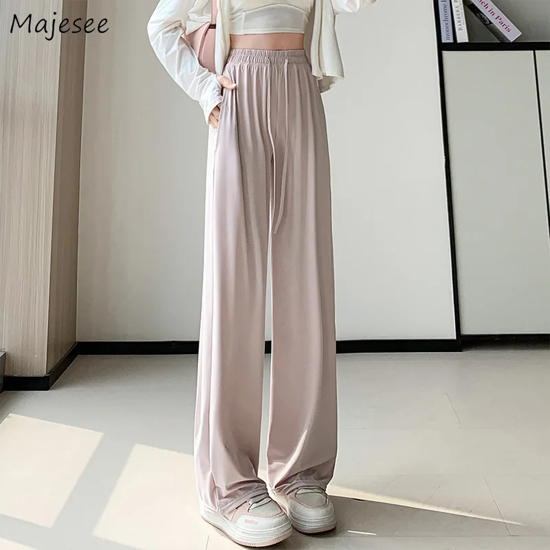 

Pants Women Thin High Waist Loose Fit Drape Casual Ice-silk All-match Solid Korean Fashion Prevalent Basic Simple Summer Mujer