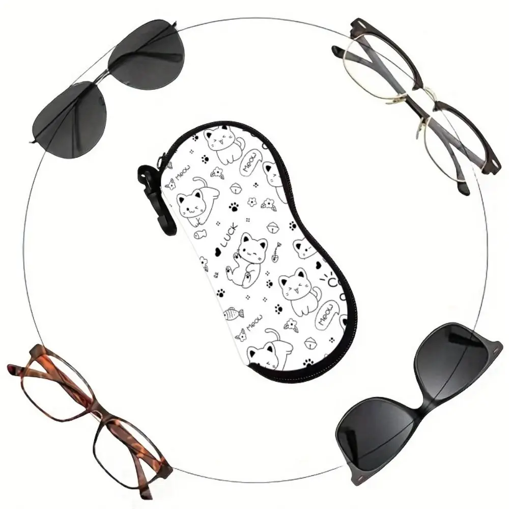 

Portable Hanging Cat Print Eyeglass Case Soft Water-resistant Reading Glass Pouch Leather with Hook Sunglasses Holder