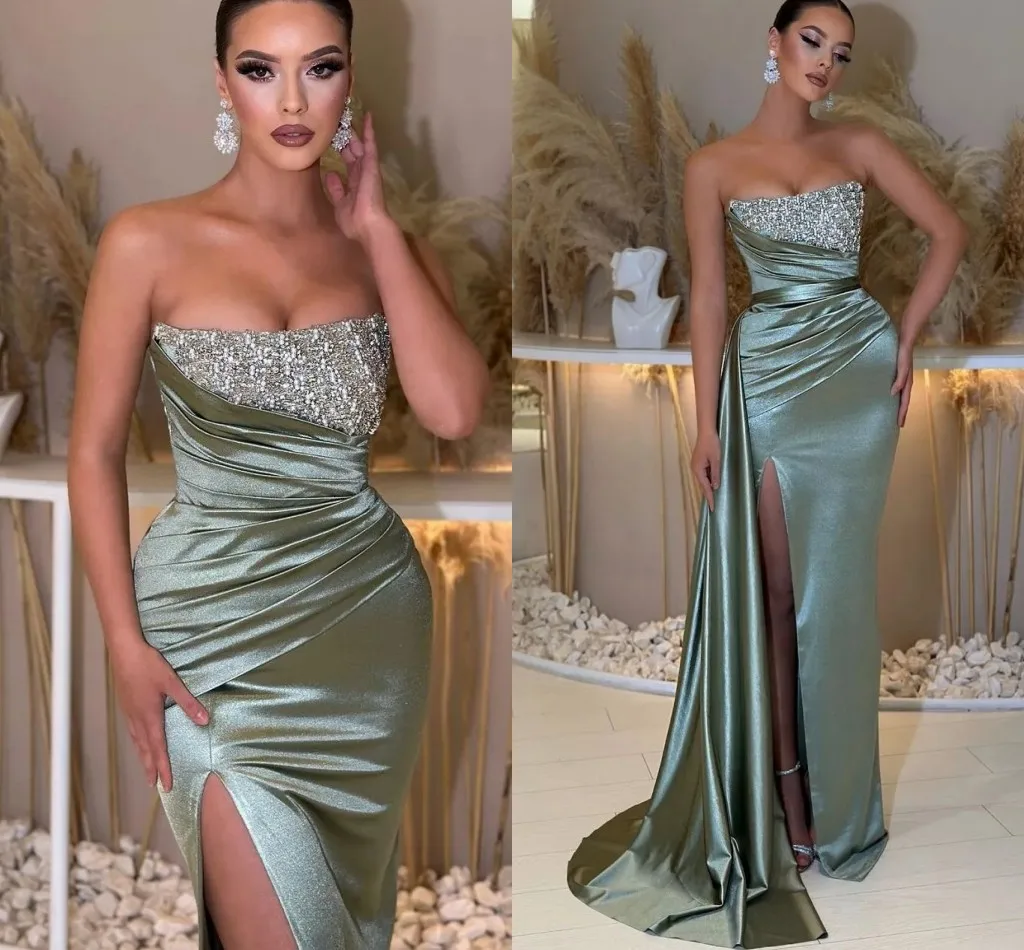 

2025 Sexy Mermaid Evening Dresses Strapless Pleats Thigh Slit Sequins Beads Mermaid Formal Prom Party Gowns Robe De Soriee