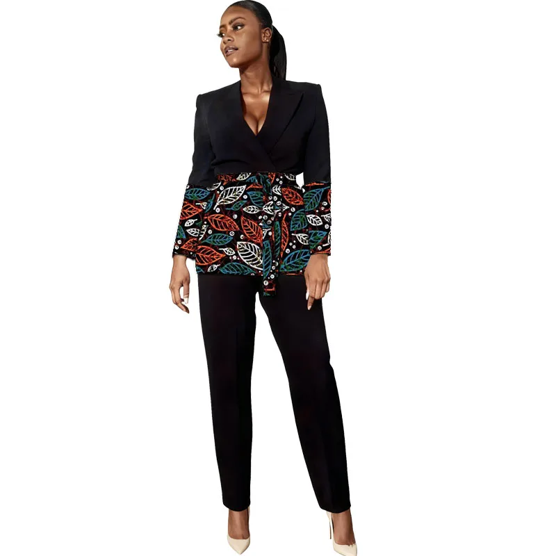 African Couture Women's Black Suit Original Design Patchwork Blazers With Belt Nigerian Print Ankara Outfit