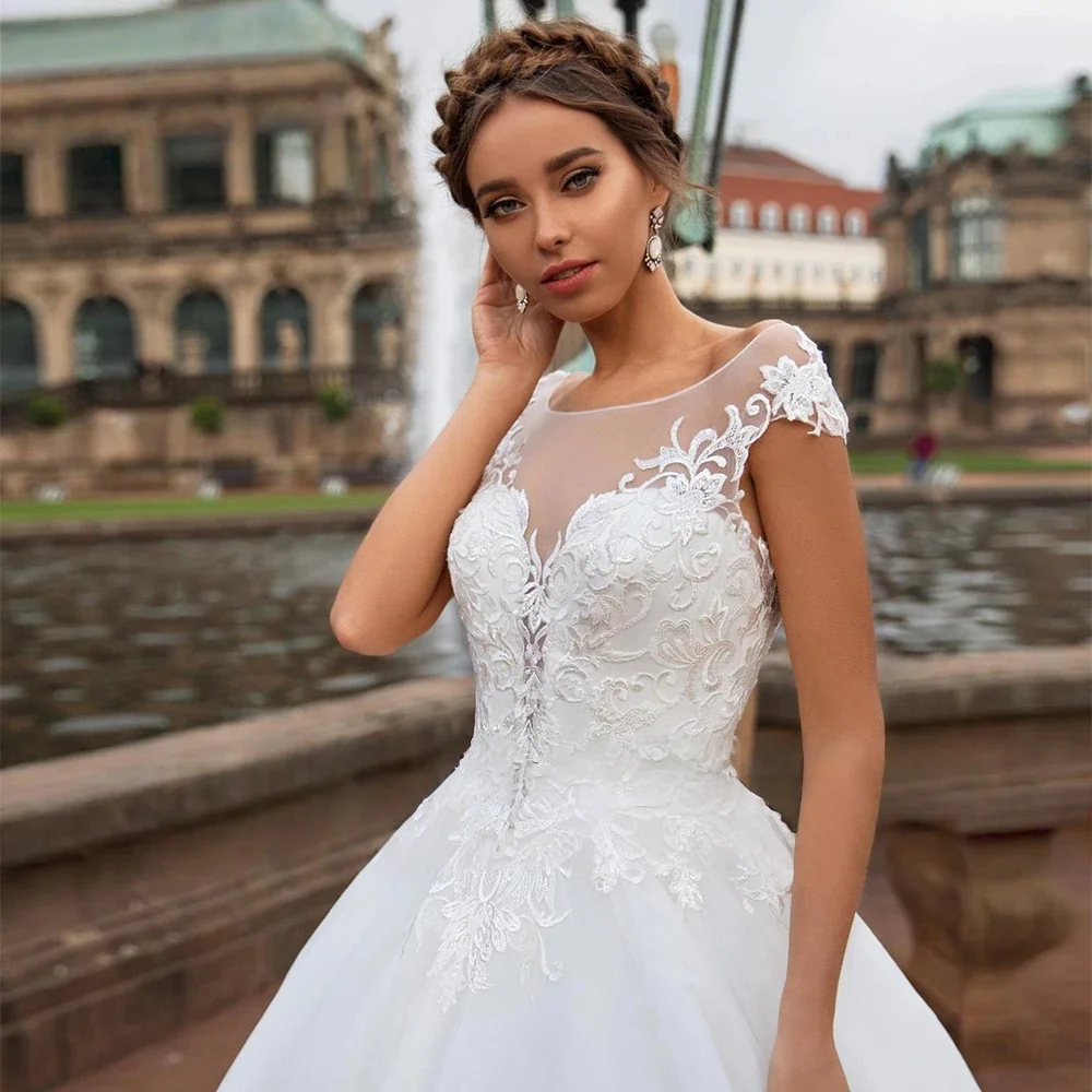 Onelife personalizado uma linha vestidos de casamento de renda delicado applique manga boné vestidos de noiva capela trem vestido de noiva vestidos de n