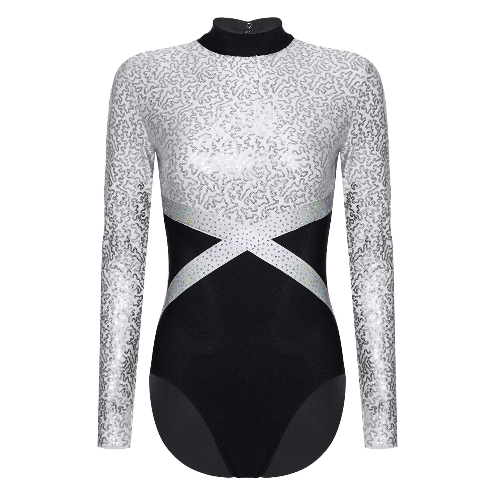 Women Rhythmic Gymnastic Leotard Costumes Stage Ballet Dance Jumpsuits Long Sleeve Glittery Sequin Bodysuit for Figure Skating