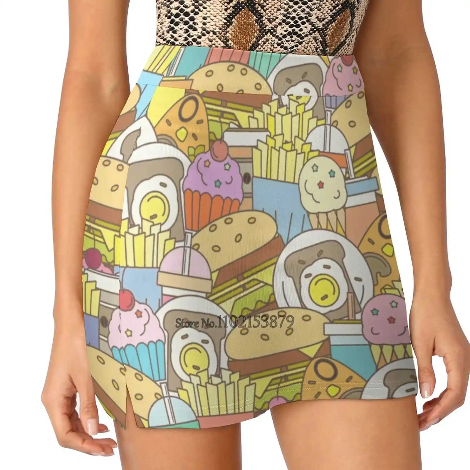 

Fast Food Women's Fashion Sporting Skirt With Pockets Tennis Golf Running Skirts Fast Burger Food Tasty Egg Toast Cofee Muffin