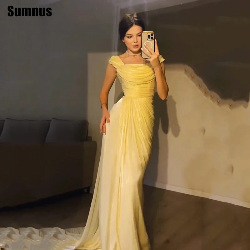 

Sumnus Modern Mermaid Light Yellow Prom Dress Square Collar Side Slit Pleats Party Dresses Draped Evening Dress Gala Customized