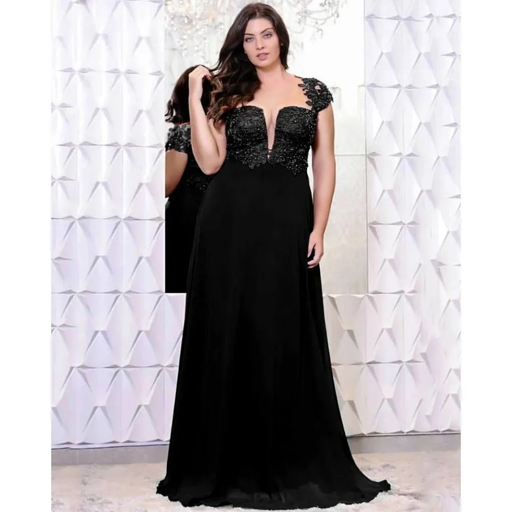 Abito felice Plus Size abito da sera formale da donna nero perline Appliques a-line abito da ballo in Chiffon abito da ricevimento madre