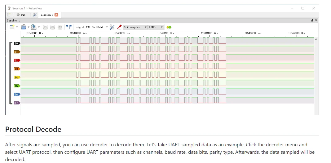 DLA Logic Analyzer ARM FPGA Debugging Tool Protokollanalyse 24 MHz Abtastrate 8 Kanäle Open Source Sigrok PulseView – Detail 10