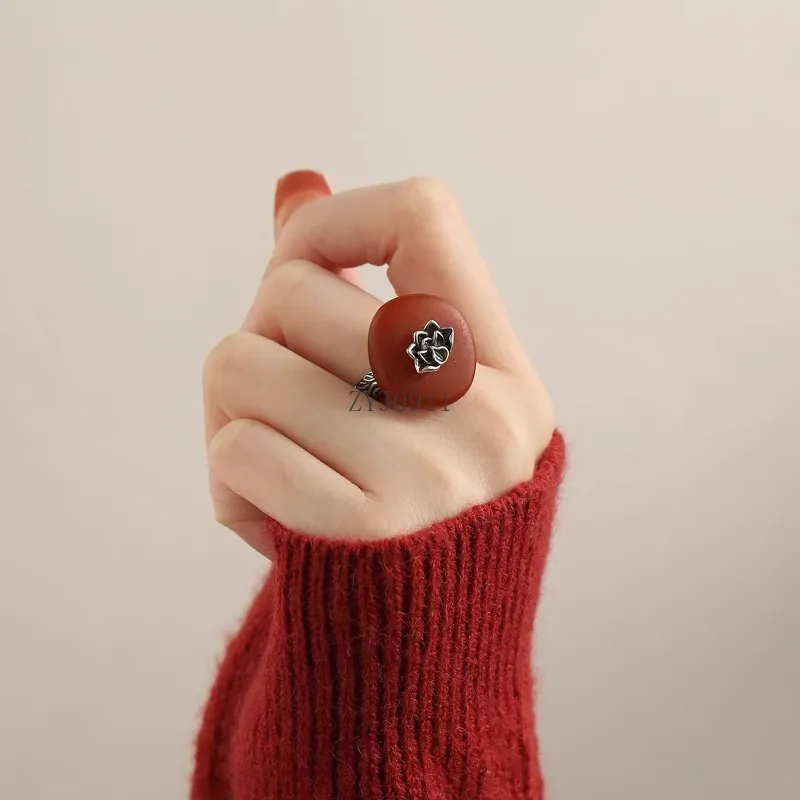 Cincin Lilin Lebah Amber Lotus Perak Murni 925 Cincin Wanita Dapat Disesuaikan Gaya Nasional Sastra Gaya Cina Baru