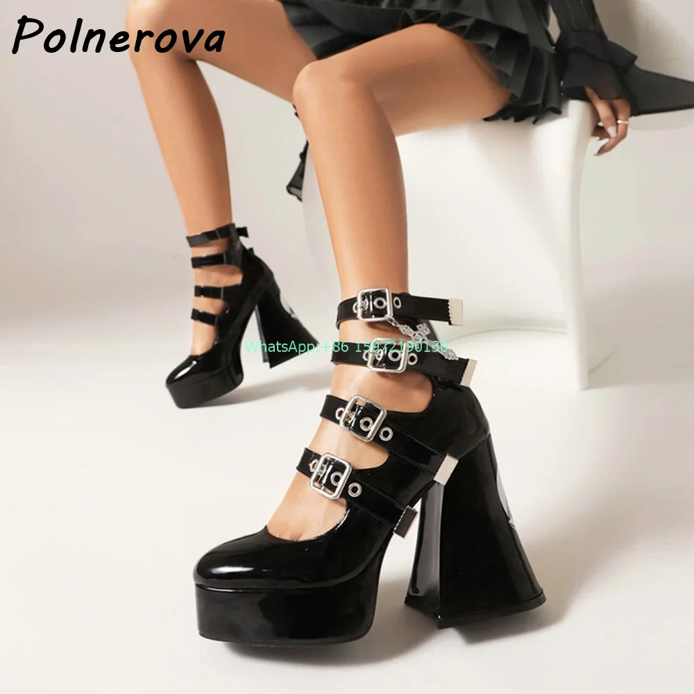 Black Hollow Patent Leather Pumps Round Toe Platform Chunky Heels Retro Mary Jane Shoes French Style Ladies Sweet Cool Sandals