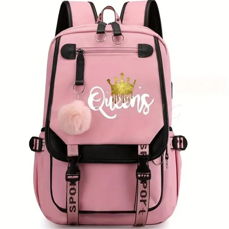 Backpacks USB Capacity Golden Queens Print For Teens Women Girls Canvas Schoolbag Student Book Bag Patchwork School Mochilas