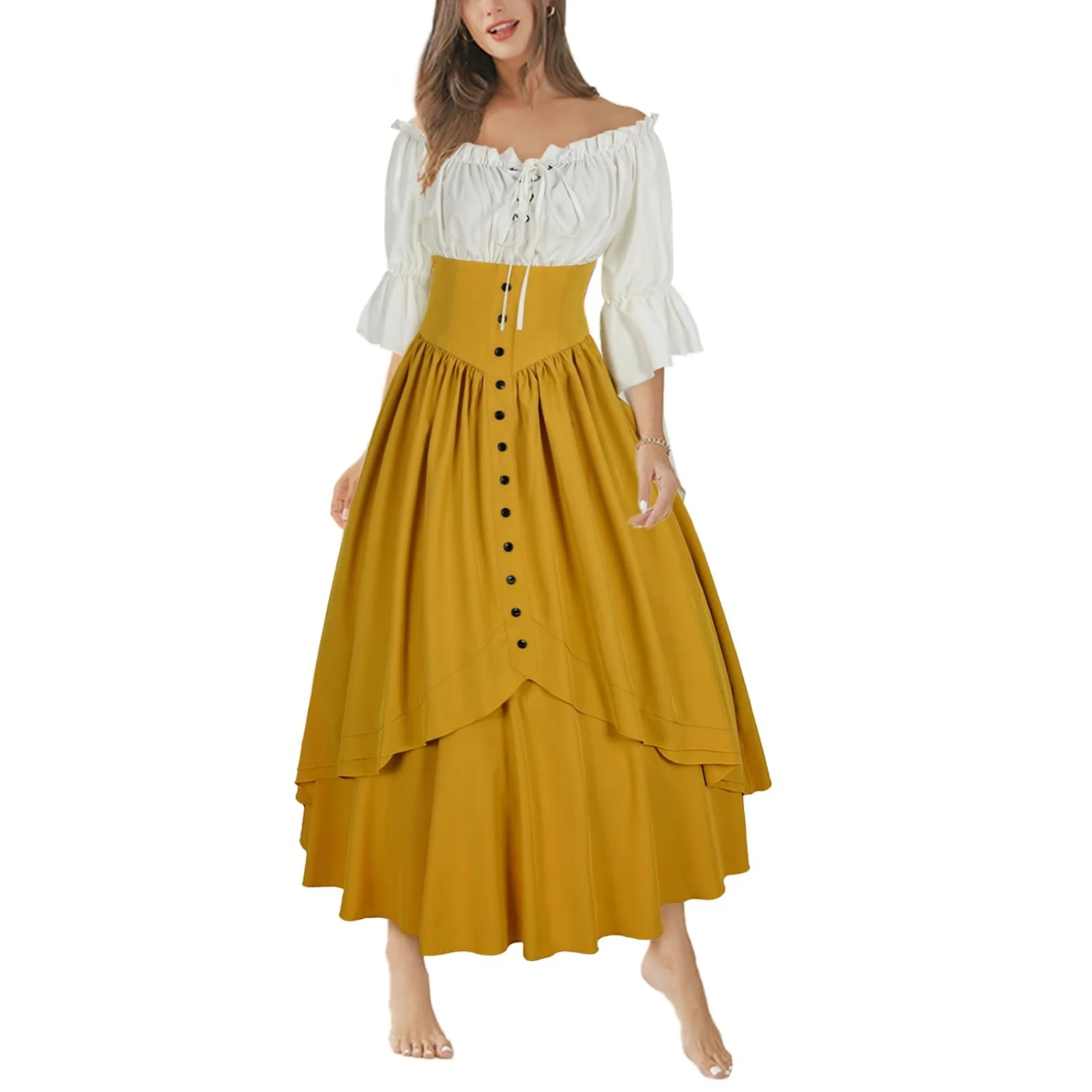 

Women Medieval Pirate Costume Renaissance Victorian Contrast Color Dress Off Shoulder Ruffle Sleeve High Waist A-Line Maxi Dress