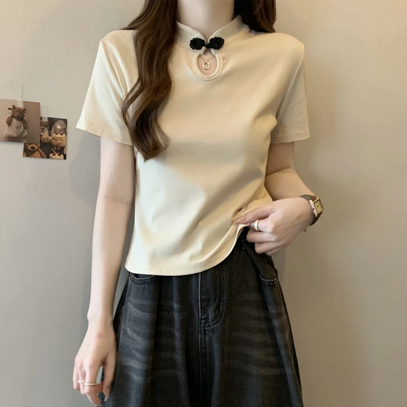 Women Summer Chinese Style Fashion Slim Appear Thin Solid Color Short Sleeve T-Shirt Women Clothes Casual All-match Trend Tops