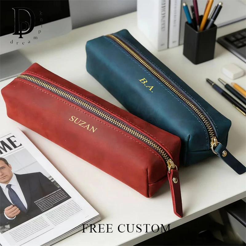 Business Retro Personalized Pen Pouch Cowhide Crazyhorse Leather Pen Bags Simple Woman Man Custom Name Storage Bag Luxury Gift