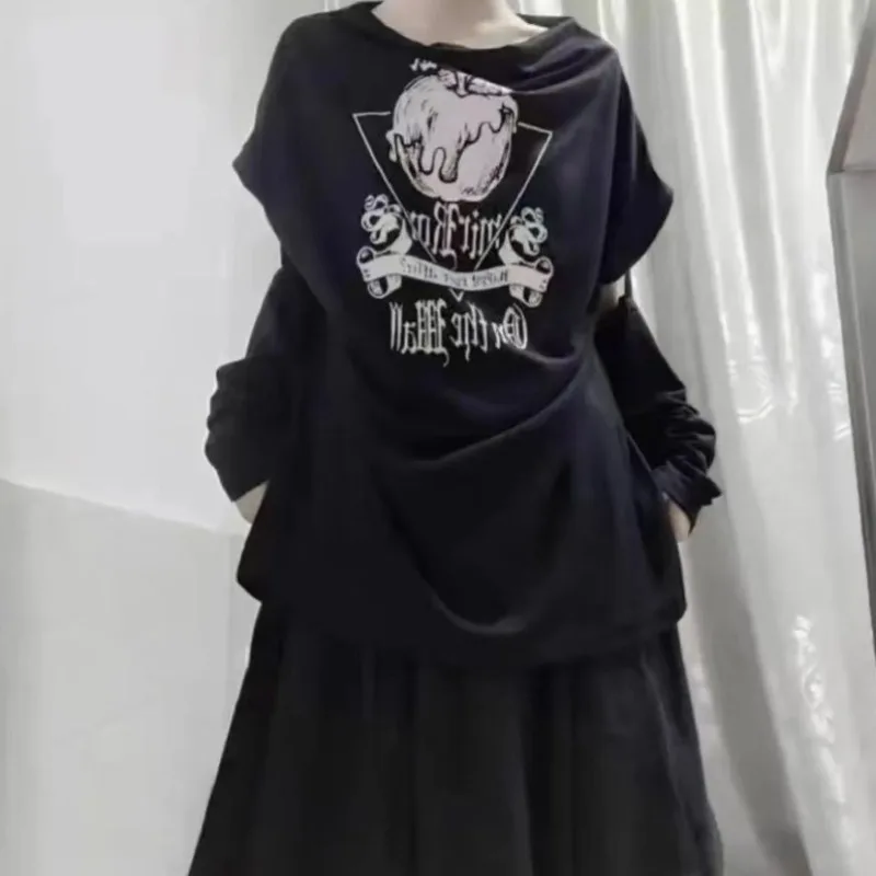 

Subcultural Punk Harajuku Топ для женщин Осенние черные женские футболки Винтаж Y2k Футболка с круглым вырезом и принтом Графические футболки Camisetas