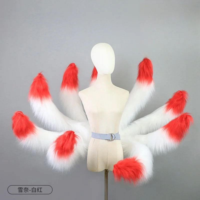 Rosso bianco fatto a mano a nove code di volpe peluche LOL coda Anime Lolita Cosplay coda di volpe pelosa accessori per costumi di carnevale di Halloween Puntelli