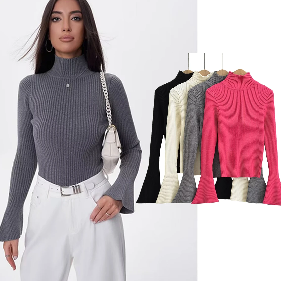 

Withered British Fashion Simple Solid Color Pullovers Women Tops High Neck Knitwear Elegant Flare Sleeves Sweater